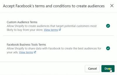 Next is to Accept Facebook's Audience and Tools terms