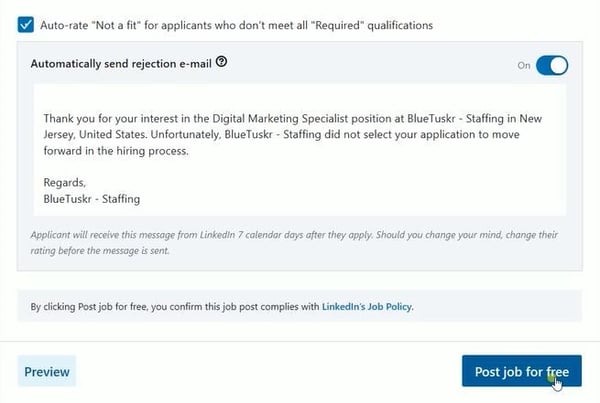 10 post job linkedin automatic send rejection email