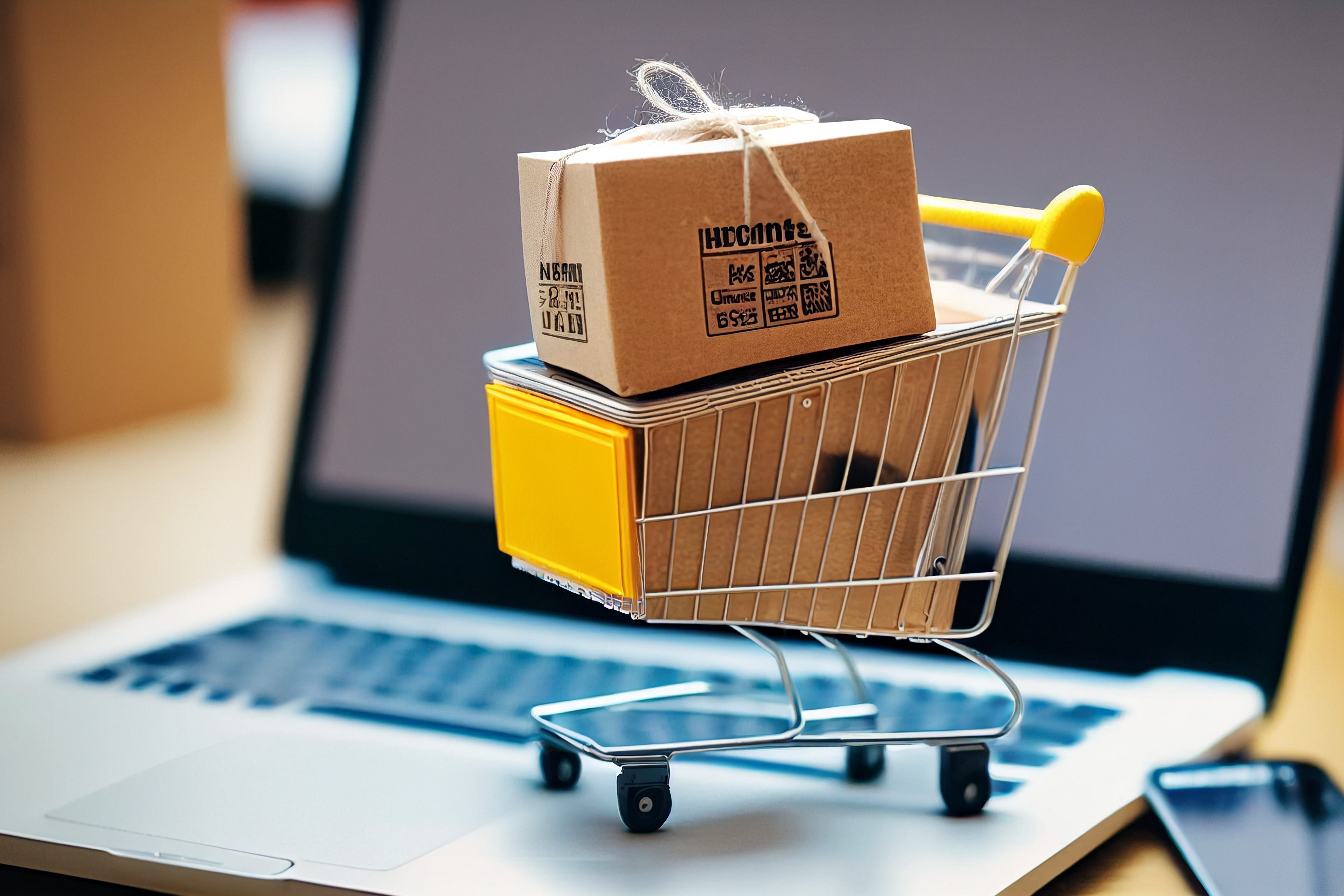 product-packaging-boxes-shopping-bag-cart-with-laptop-computer-that-displays-web-store-shop-screen-online-shopping-delivery-concept-generative-ai